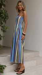 Tierra Strapless Maxi Dress - Blue/Khaki Stripe