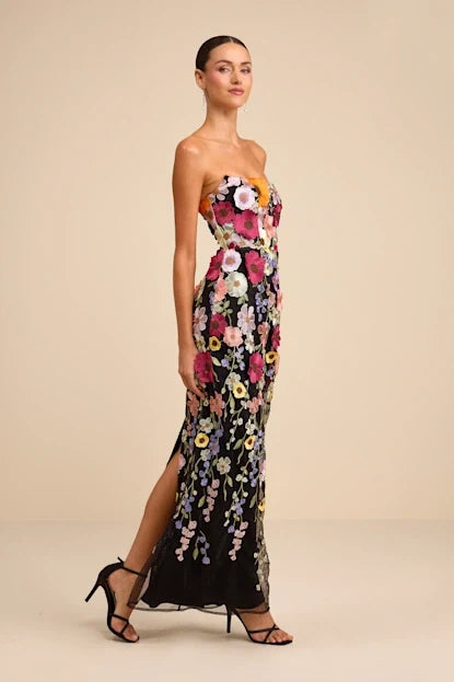 Macario Black Multi 3D Floral Embroidered Strapless Maxi Dress