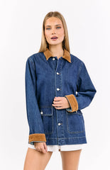 Hendrick Mid Wash Denim Cord Trim Oversized Jacket
