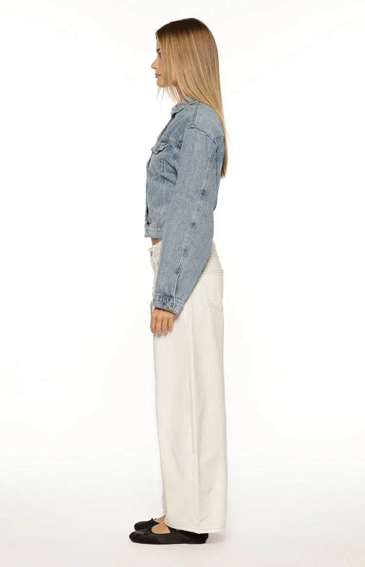 Elana Mid Wash Cinched Waist Denim Jacket