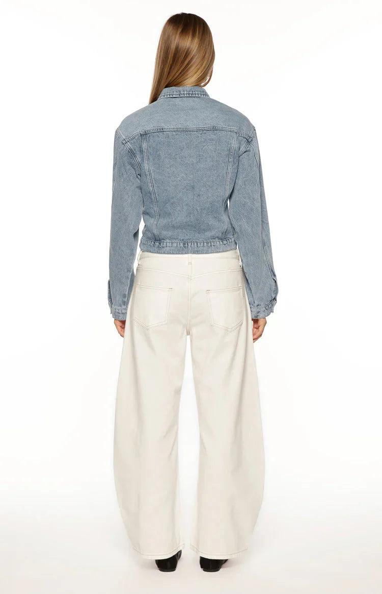 Elana Mid Wash Cinched Waist Denim Jacket