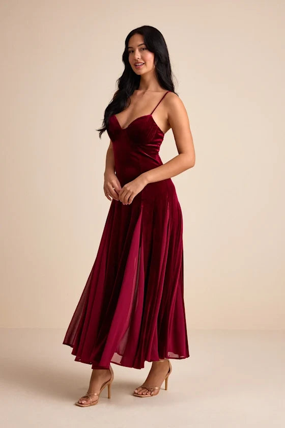 Elisha Burgundy and Red Velvet Pleated Midi Dress